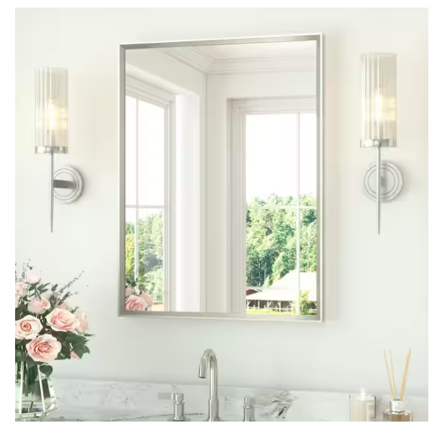 KeonJinn 24" W x 32" H Rectangle Aluminum Framed Wall Mirror in Brushed Nickel