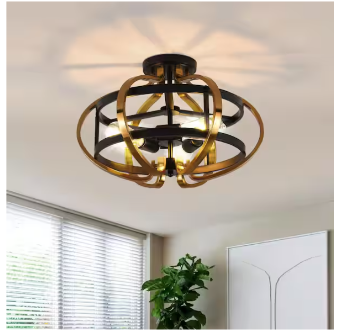 18.9 in. 3-Light Black and Gold Open Cage Shade Semi-Flush Mount Ceiling Light