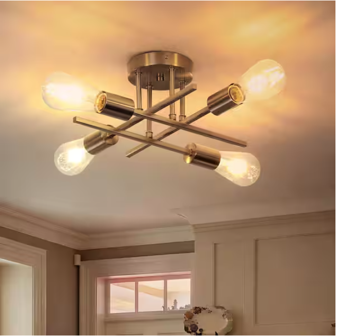 TOZING 16 in. 4-Light Modern Sputnik Linear Nickel Metal Semi-Flush Mount Light