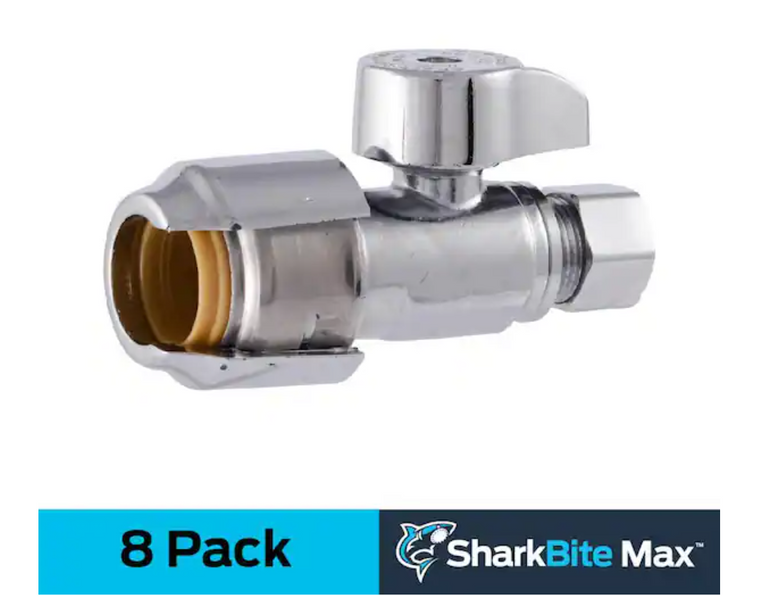 SharkBite Max 1/2" PTC x 3/8" OD Compression Brass 1/4-Turn Stop Valve (8-Pack)