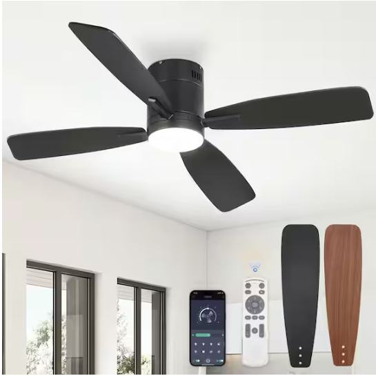 52" Integrated LED Indoor 6-Speed Black Flush Mount Ceiling Fan, Light & Remote