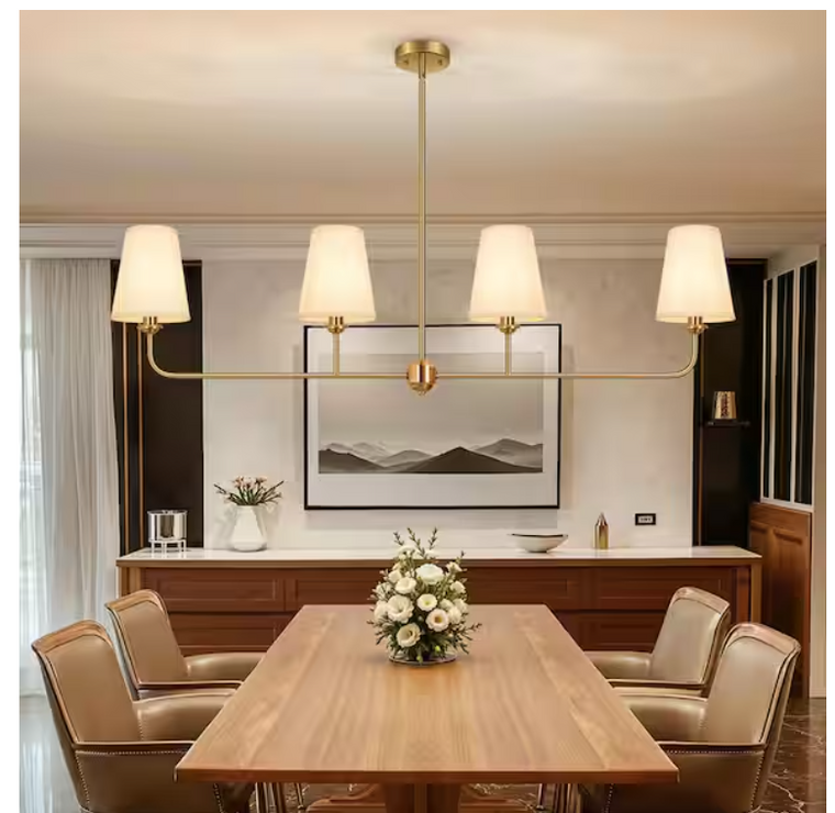 ARISKEEN 47" W 4-Light Linear Classic Gold Island Pendant Light w/Linen Shades