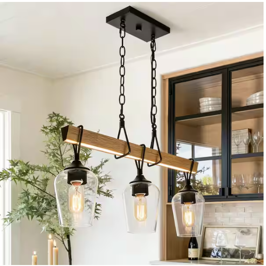 Uolfin Farmhouse Faux Wood & Black Linear Chandelier 3-Light Vintage Chandelier