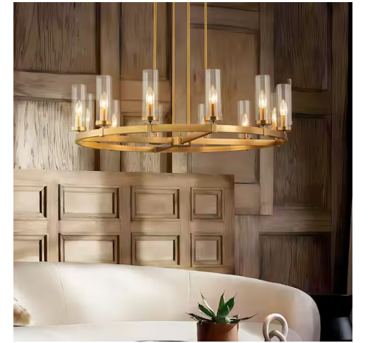 Damitri 12-Light Brushed Gold Industrial Vintage Wheel-Shape Chandelier