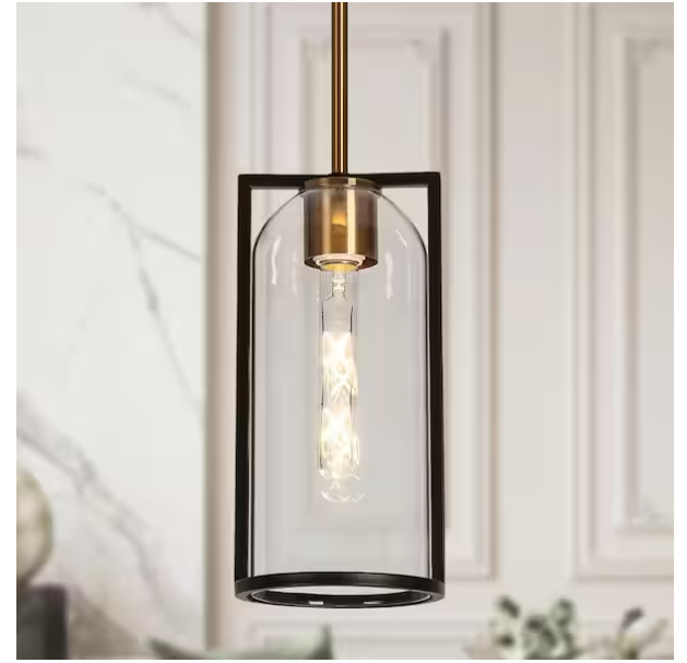 LNC Modern 1-Light Black Brass Island Pendant Bottle Clear Glass Shade LED Light