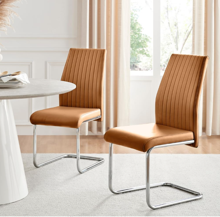 Furniturebox Lorenzo Tan Faux Leather Silver Leg Dining Chair, Set of 2