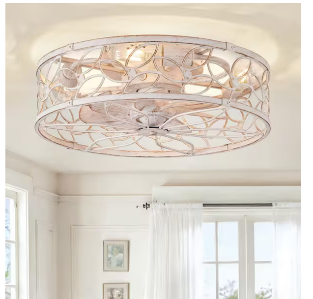 MOKSILED 18"Indoor Elegant White Gold Flush Mount Caged Ceiling Fan with Remote