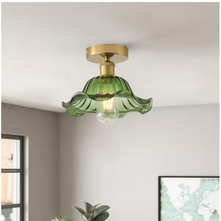 aiwen 9.84" 1-Light Vintage Flower Semi-Flush Mount Ceiling Lamp w/ Green Shade