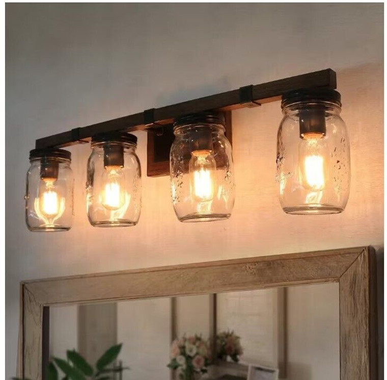LNC Araphi 4-Light Brushed Brown Rust Black Bathroom Vanity Light w/Wood Accents