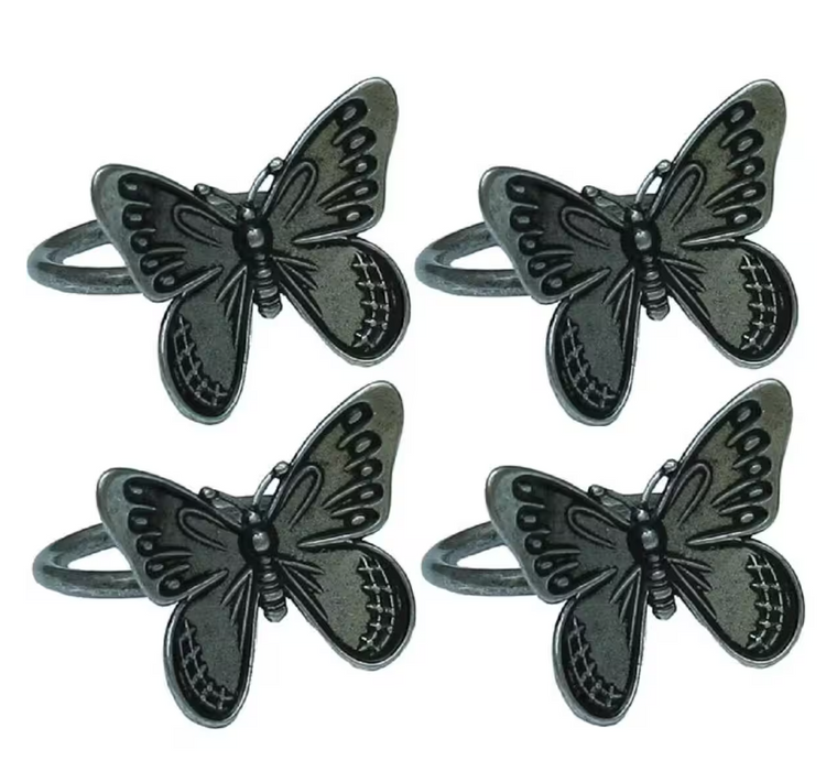 Manor Luxe Dark Gray Flutter Spring Butterfly Brass Metal Napkin Rings- Set of 4