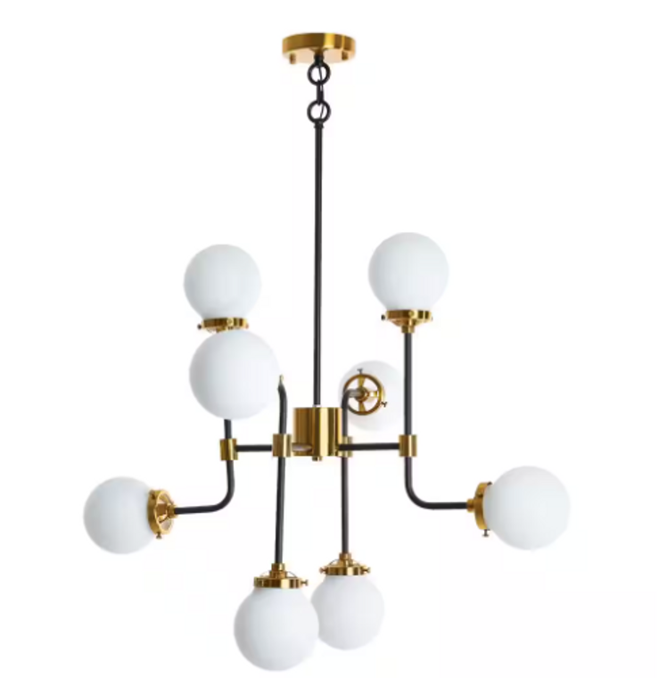 Merra 8-Light Black and Gold Modern Sputnik Chandelier with Opaline Shades