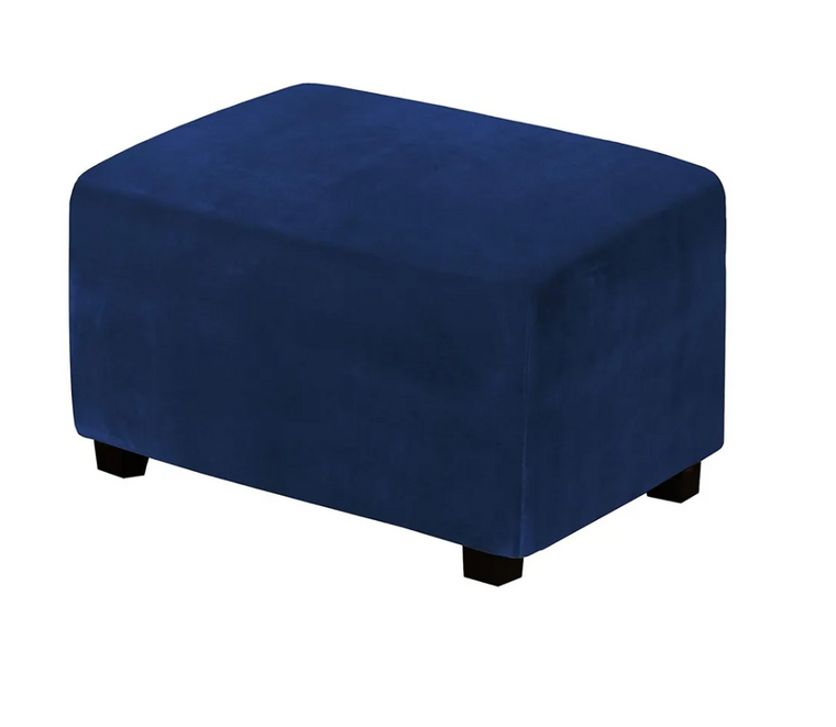One Piece Large Removable Stretch Velvet Fabric Ottoman Slipcover in Dark Blue