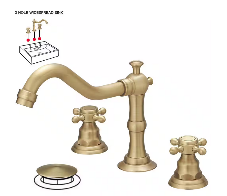 BWE Widespread 2-Handle 3-Holes Bathroom Sink Faucet with Drain in Antique Brass