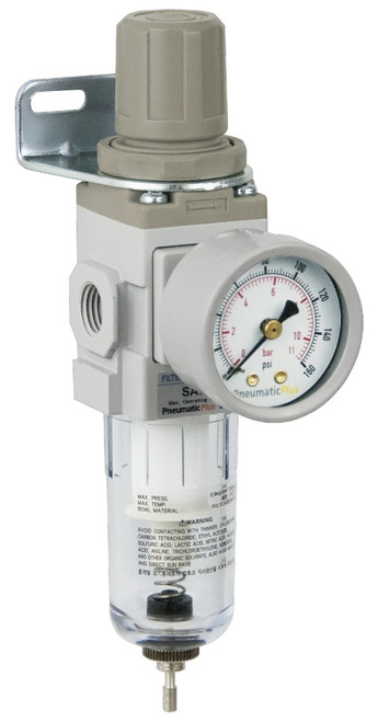 PneumaticPlus SAW200 Series Miniature Air Filter Regulator Piggyback Combo 1/4" NPT with Bracket & Gauge (SAW200-N02BG)