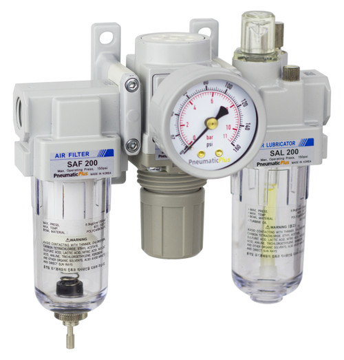 PneumaticPlus SAU200 Series Mini Air Filter Regulator Lubricator Modular Combo 1/4" NPT with Bracket & Gauge (SAU200-N02G)