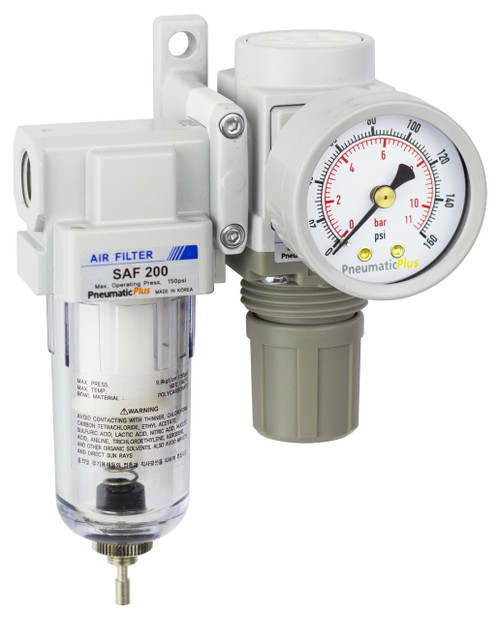 PneumaticPlus SAU220 Series Mini Air Filter Regulator Combo 1/4" NPT with Bracket & Gauge (SAU220-N02G)