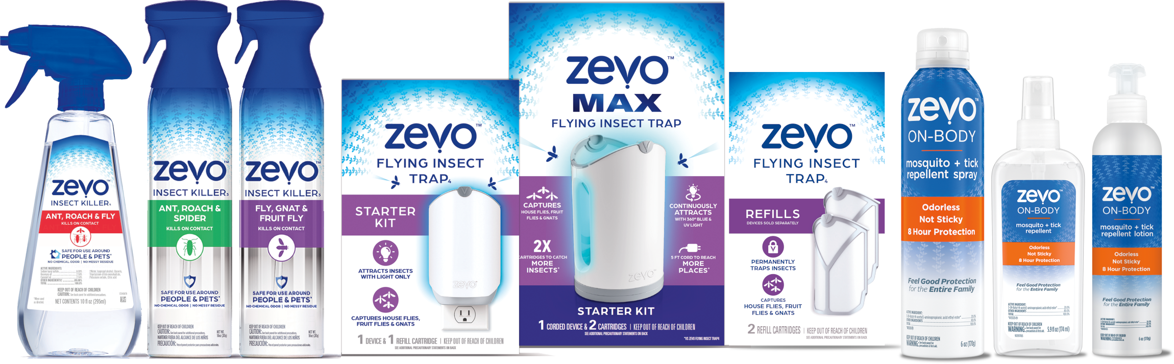 Zevo Products: On-Body Aerosol Spray, On-Body Pump Spray, Multi-Insect Spray, Fly Gnat Fruit Fly Spray, Ant Roach Spider Spray, and Zevo Insect Trap