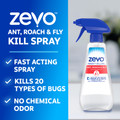 Zevo Ant, Roach, and Fly kill spray is fast acting, kills 20 types of bugs, and has no chemical odor.