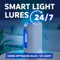 Zevo smart light lures 24/7 using optimized blue + UV light.