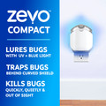 Zevo Compact 3-in-1 lures bugs with UV and blue light, traps bugs behind a curved shield, and kills bugs so you don't have to.