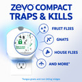 Zevo traps & kills fruit flies, gnats, house flies, fungus gnats and non-biting midges.