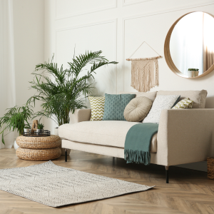 Living Space With Tan Couch, Tan Rug, and some plants.