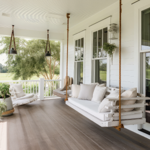 Front Porch with White Porch Swing.