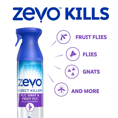 Zevo kills fruit flies, flies, gnats, and more.