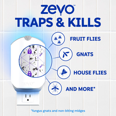 Zevo Max traps & kills mosquitoes, fruit flies, gnats, house flies, fungus gnats and non-biting midges.