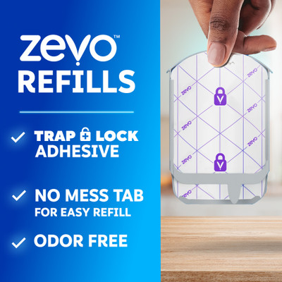 Zevo refills have trap-and-lock adhesive, a no-mess tab for easy refill, and are odor free.