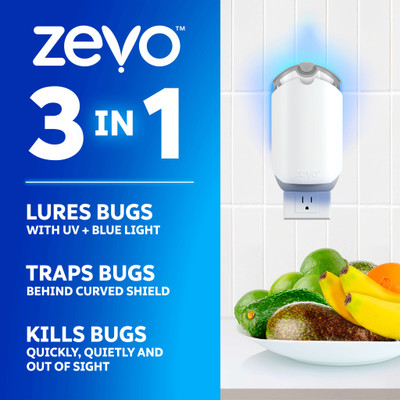 Zevo 3-in-1 lures bugs with UV and blue light, traps bugs behind a curved shield, and kills bugs so you don't have to.