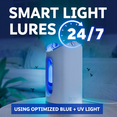 Zevo smart light lures 24/7 using optimized blue + UV light.