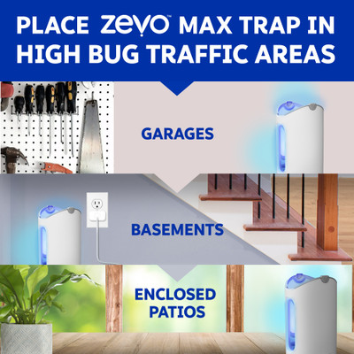 Place Zevo Max traps in high bug traffic areas like garages, basements, and enclosed patios.