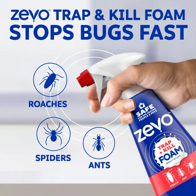 Zevo Trap and Kill Foam stops bugs fast, including roaches spiders and ants.