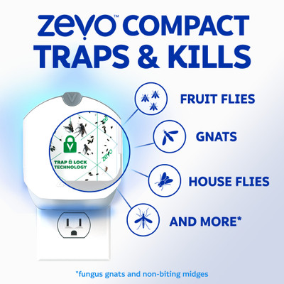 Zevo traps & kills fruit flies, gnats, house flies, fungus gnats and non-biting midges.