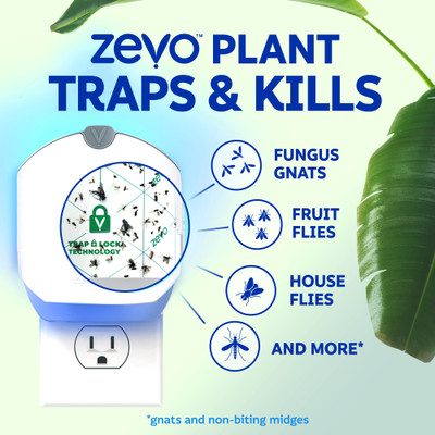 Zevo traps & kills fungus gnats, fruit flies, house flies, gnats, and non-biting midges.