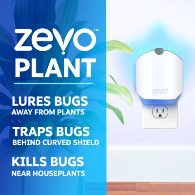 Zevo plant trap lures bugs away from plants, traps bugs behind a curved shield, and kills bugs near houseplants.