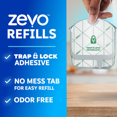 Zevo refills have trap-and-lock adhesive, a no-mess tab for easy refill, and are odor free.