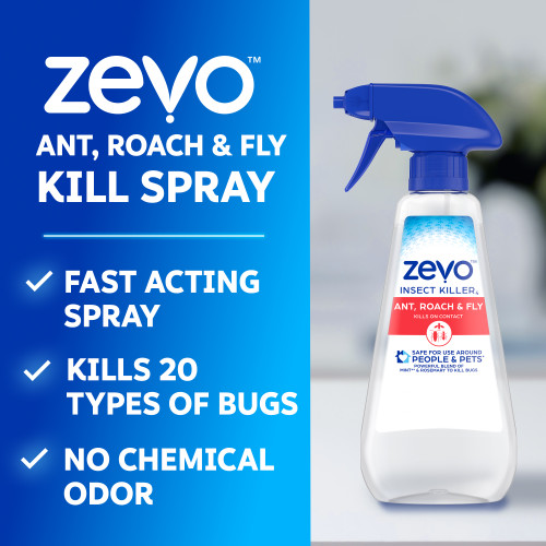 Zevo Ant, Roach, and Fly kill spray is fast acting, kills 20 types of bugs, and has no chemical odor.
