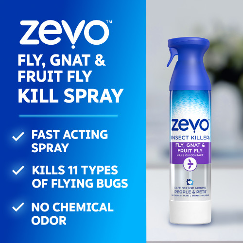 Zevo Fly, Gnat, and Fruit Fly Spray is fast acting, kills 11 types of flying bugs, and has no chemical odor.