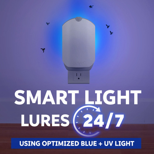 Zevo smart light lures 24/7 using optimized blue + UV light.