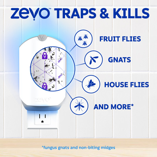 Zevo traps & kills mosquitoes, fruit flies, gnats, house flies, fungus gnats and non-biting midges.