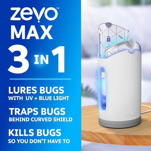 Zevo Max 3-in-1 lures bugs with UV and blue light, traps bugs behind a curved shield, and kills bugs so you don't have to.