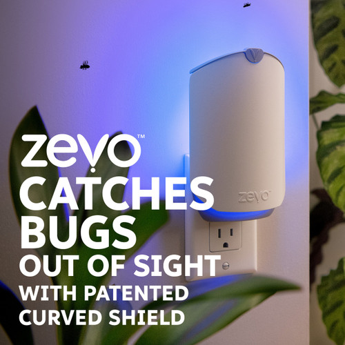 Zevo catches bugs. Out of sight with patented curved shield