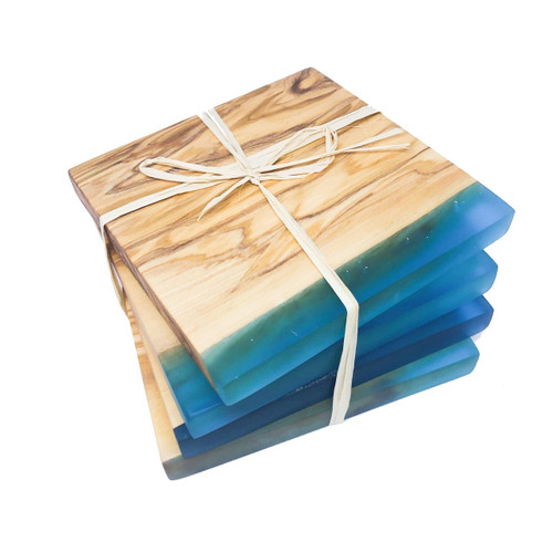 MarnaMaria Spices and Herbs Olive Wood Resin Coasters Square Blue