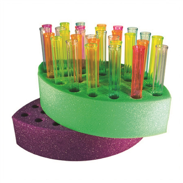 Test Tubes in a Green Foam Football Shaped Holder atop a Purple Rack