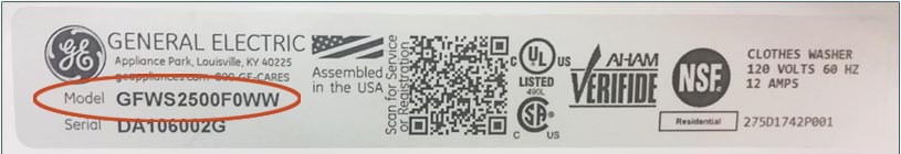 The first example model and serial tag is silver with General Electric logo and name, a scannable QR code, UL and other certifications. Model and Serial are written out and followed by the model and serial numbers.