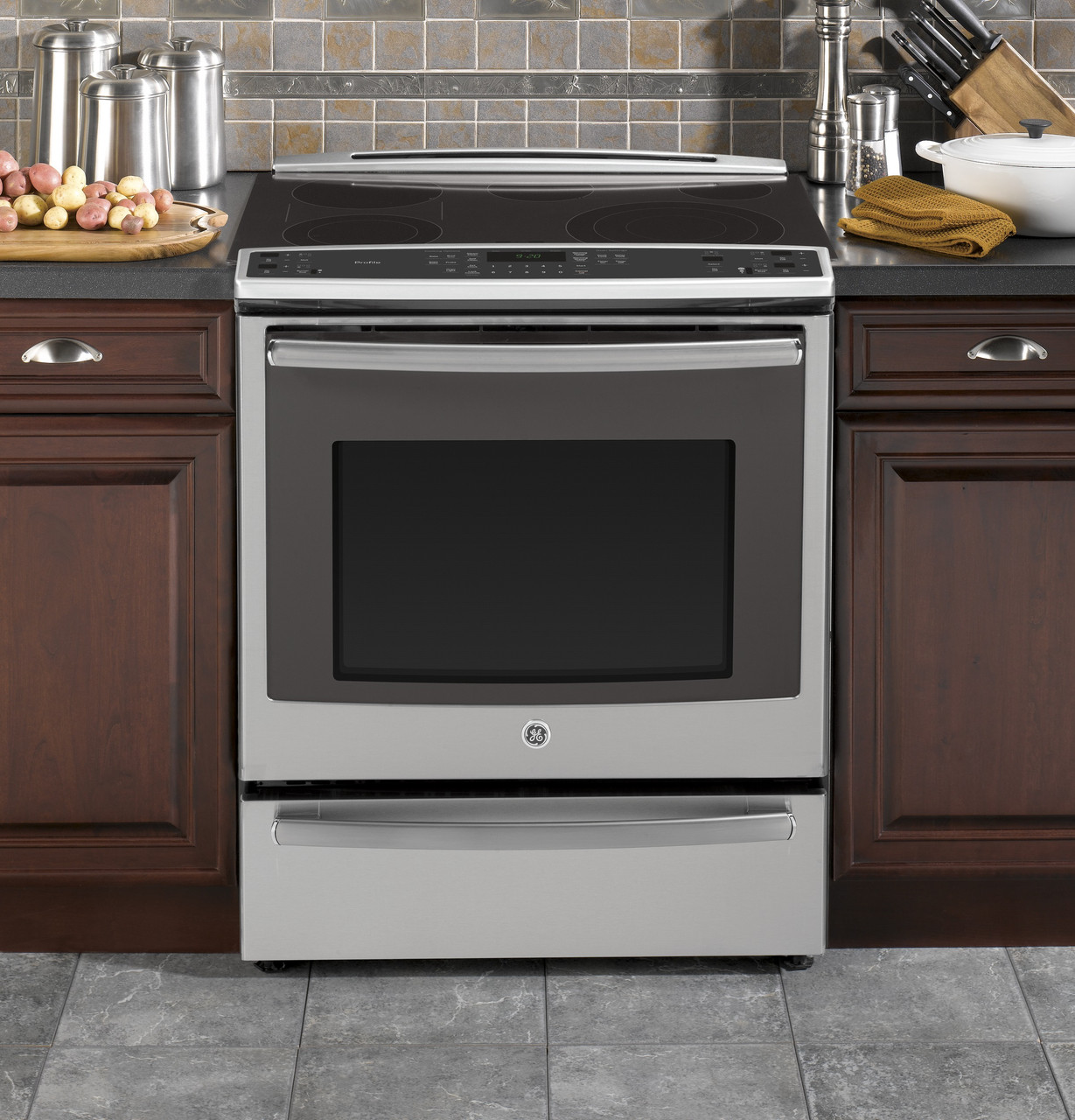 GE Profile Series 30" Slide-In Front Control Electric Convection Range with Warming Drawer - Thumbnail 3