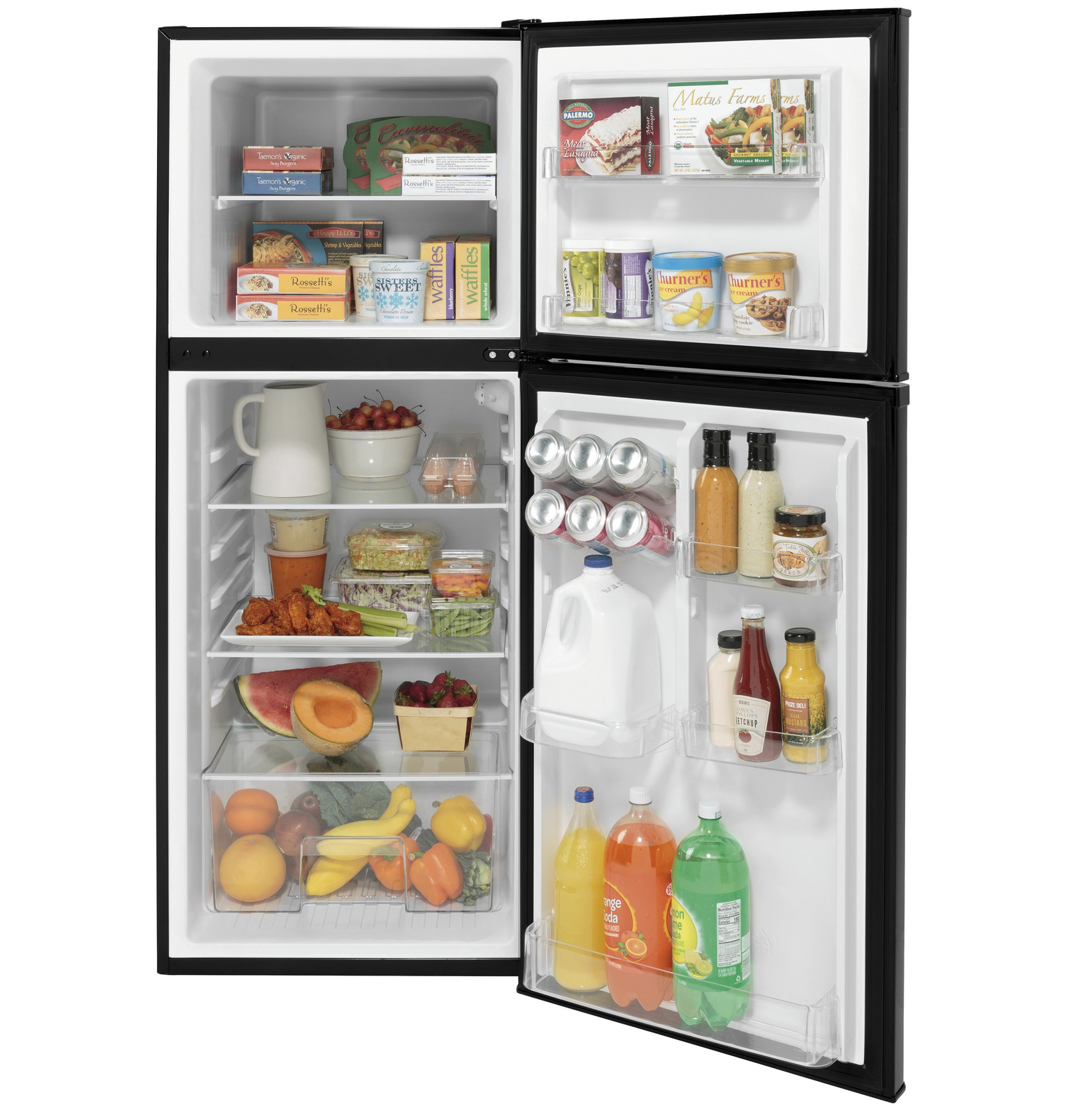 GE GPV10FGNBB 24" Top Freezer Refrigerator with 9.93 cu. ft. Capacity 12V DC Power Only LED Lighting and Adjustable Spillproof Glass Shelves in Black on Fridge.com