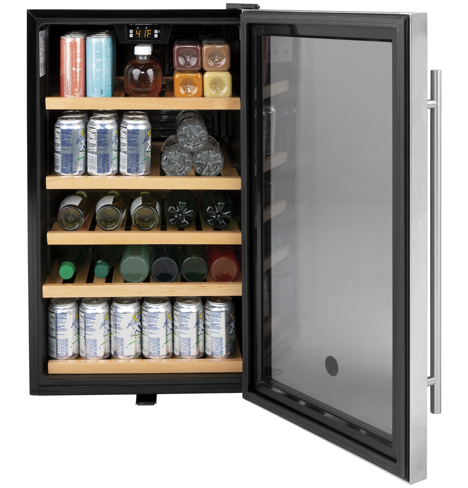 GE Wine Cooler & Beverage Refrigerator | Mini Fridge With Lock & Key Included | Complete With Oak Shelving, Glass Exterior & Warm Interior Lighting | Fits 109 Cans or 31 Wine Bottles | Stainless Steel on Fridge.com